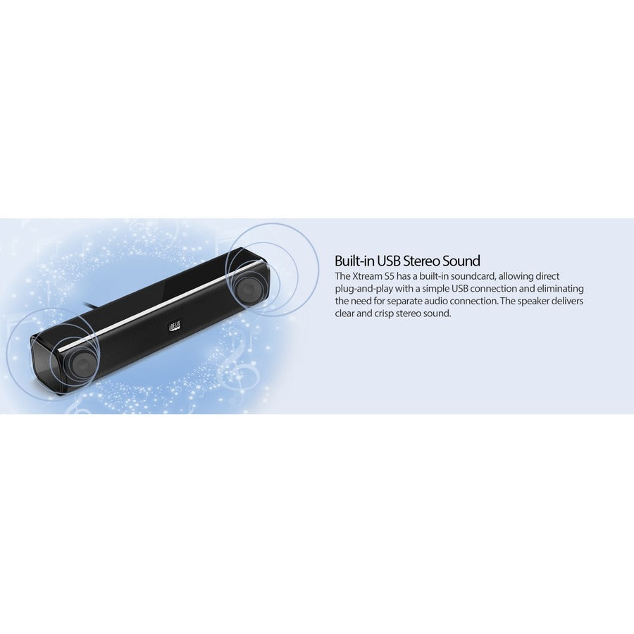 Adesso Xtream S5 USB-Powered Desktop Computer Sound Bar Speaker with Dynamic Sound- 5W x 2 - Portable Adesso Xtream S5 USB-Powered Desktop Computer Sound Bar Speaker with Dynamic Sound- 5W x 2 - Portable